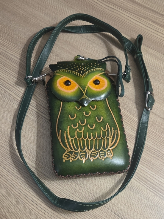Handbags - Genuine Leather Green Owl Crossbody Phone Bag